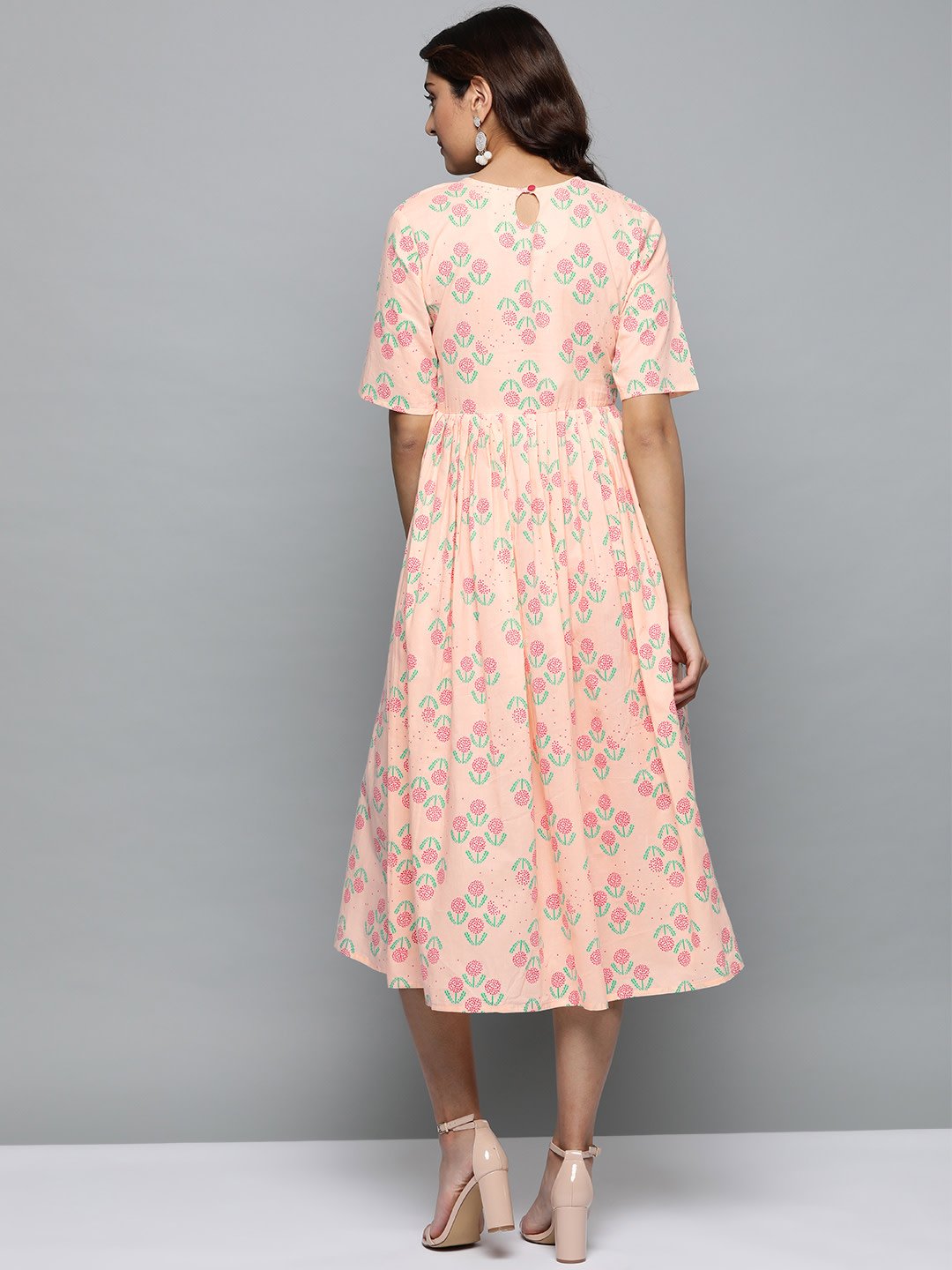 Women Peach Floral Printed Round Neck A-Line Dress | NOZ2TOZ - Made In INDIA.