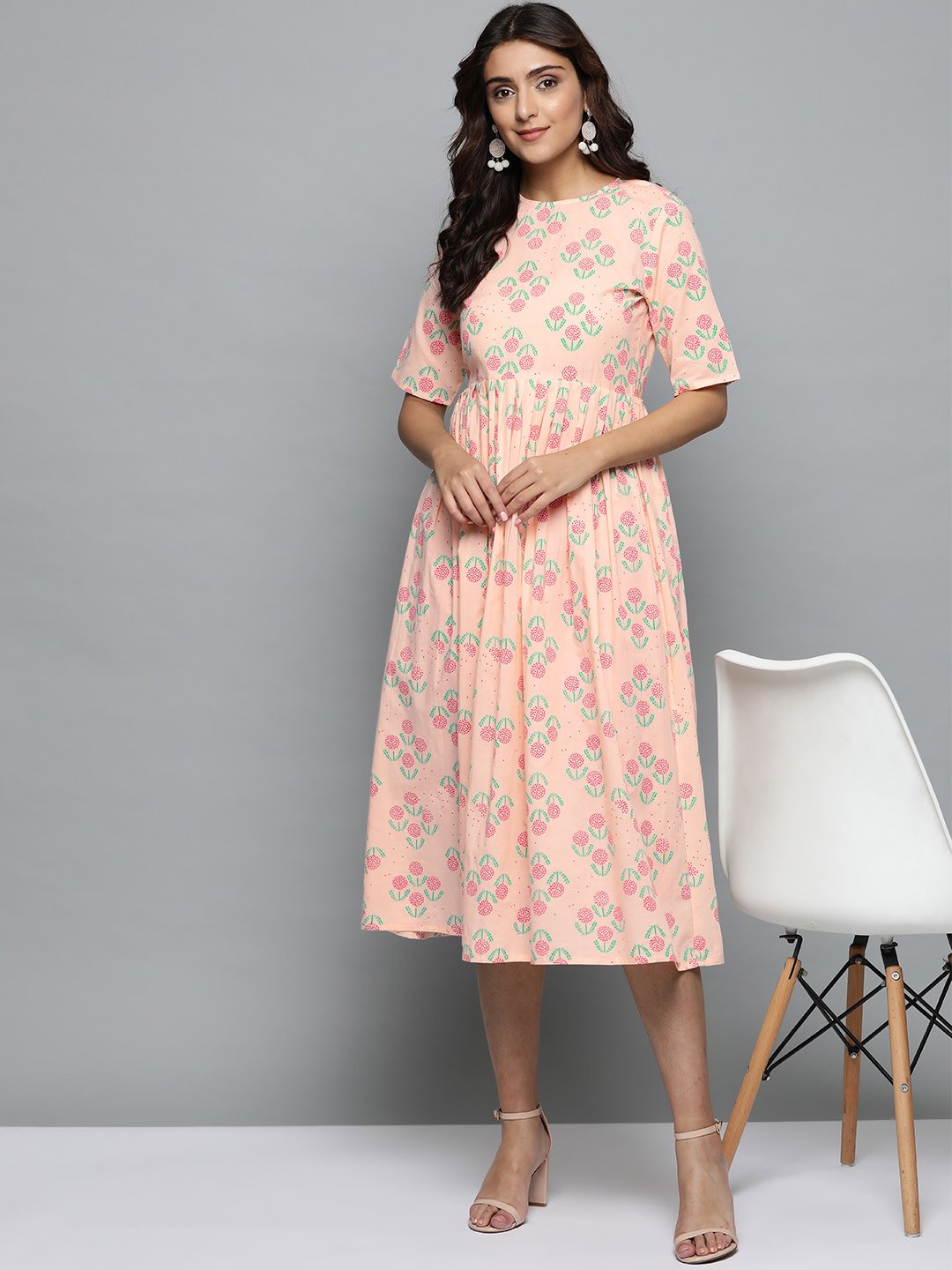 Women Peach Floral Printed Round Neck A-Line Dress | NOZ2TOZ - Made In INDIA.