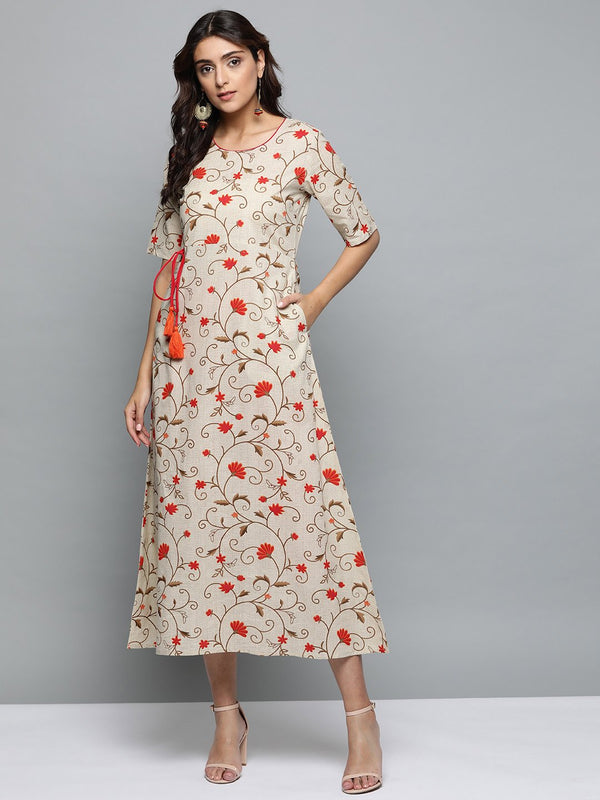 Women Beige Floral Printed Round Neck A-Line Dress | NOZ2TOZ - Made In INDIA.