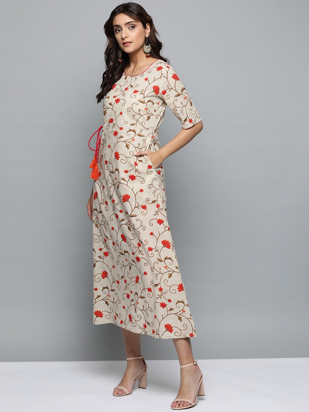 Women Beige Floral Printed Round Neck A-Line Dress | NOZ2TOZ - Made In INDIA.