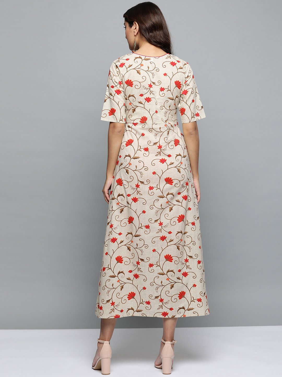 Women Beige Floral Printed Round Neck A-Line Dress | NOZ2TOZ - Made In INDIA.