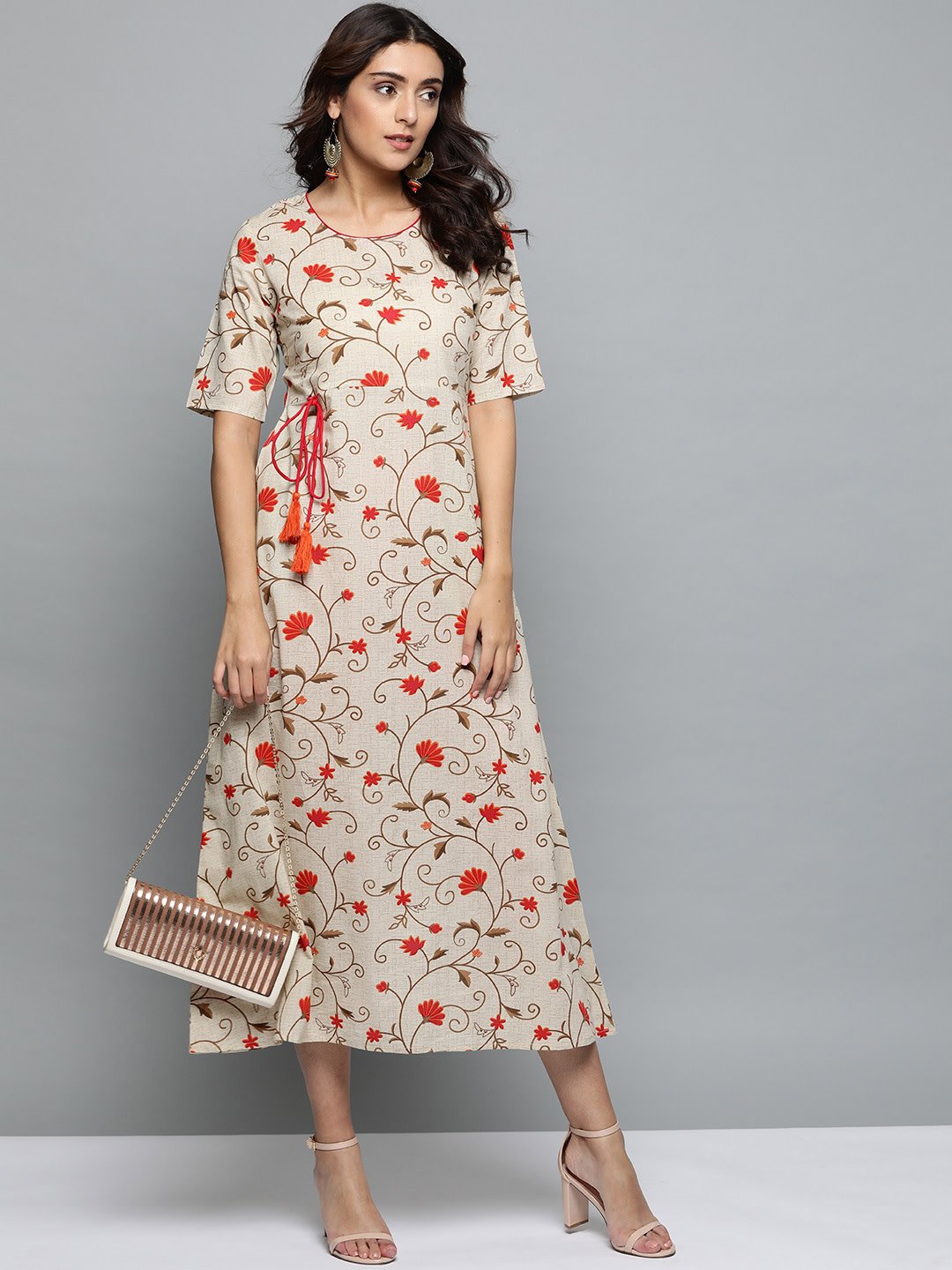 Women Beige Floral Printed Round Neck A-Line Dress | NOZ2TOZ - Made In INDIA.