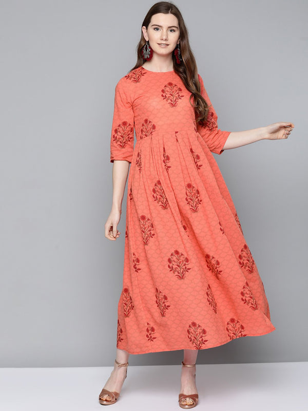 Women Coral Floral Printed Round Neck A-Line Dress | NOZ2TOZ - Made In INDIA.