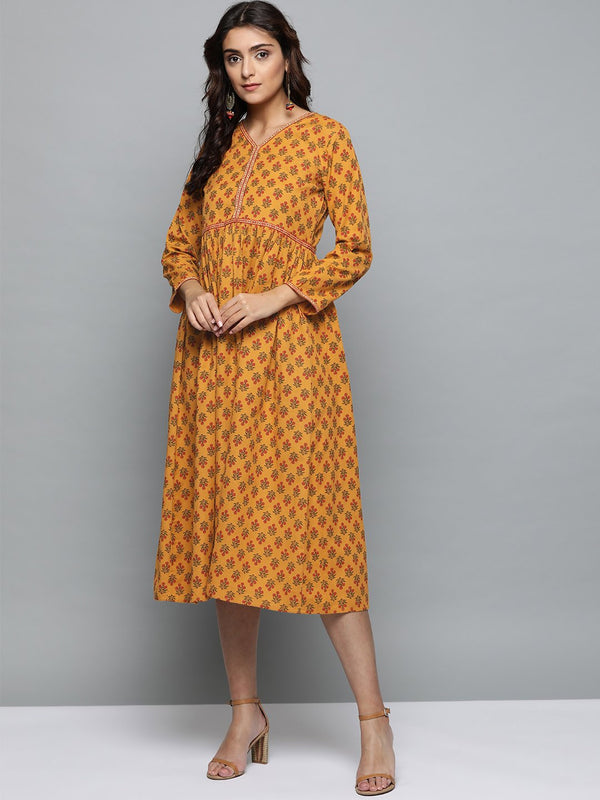 Women Mustard Yellow Floral Printed V-Neck A-Line Dress | NOZ2TOZ - Made In INDIA.