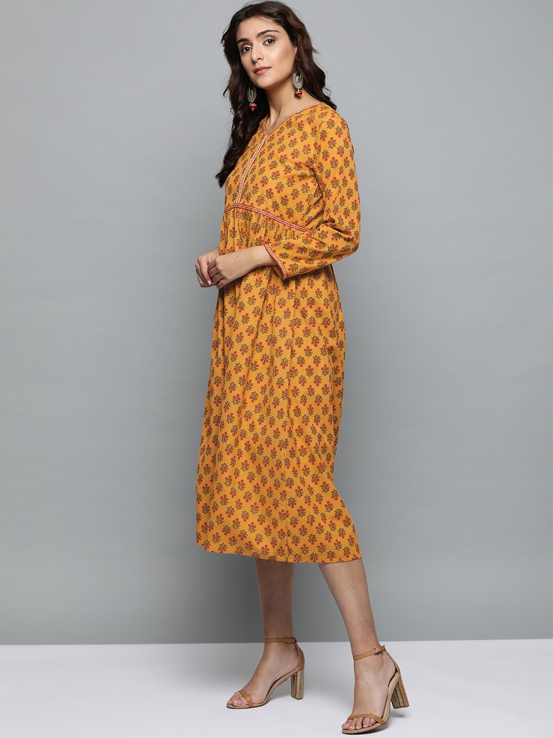 Women Mustard Yellow Floral Printed V-Neck A-Line Dress | NOZ2TOZ - Made In INDIA.