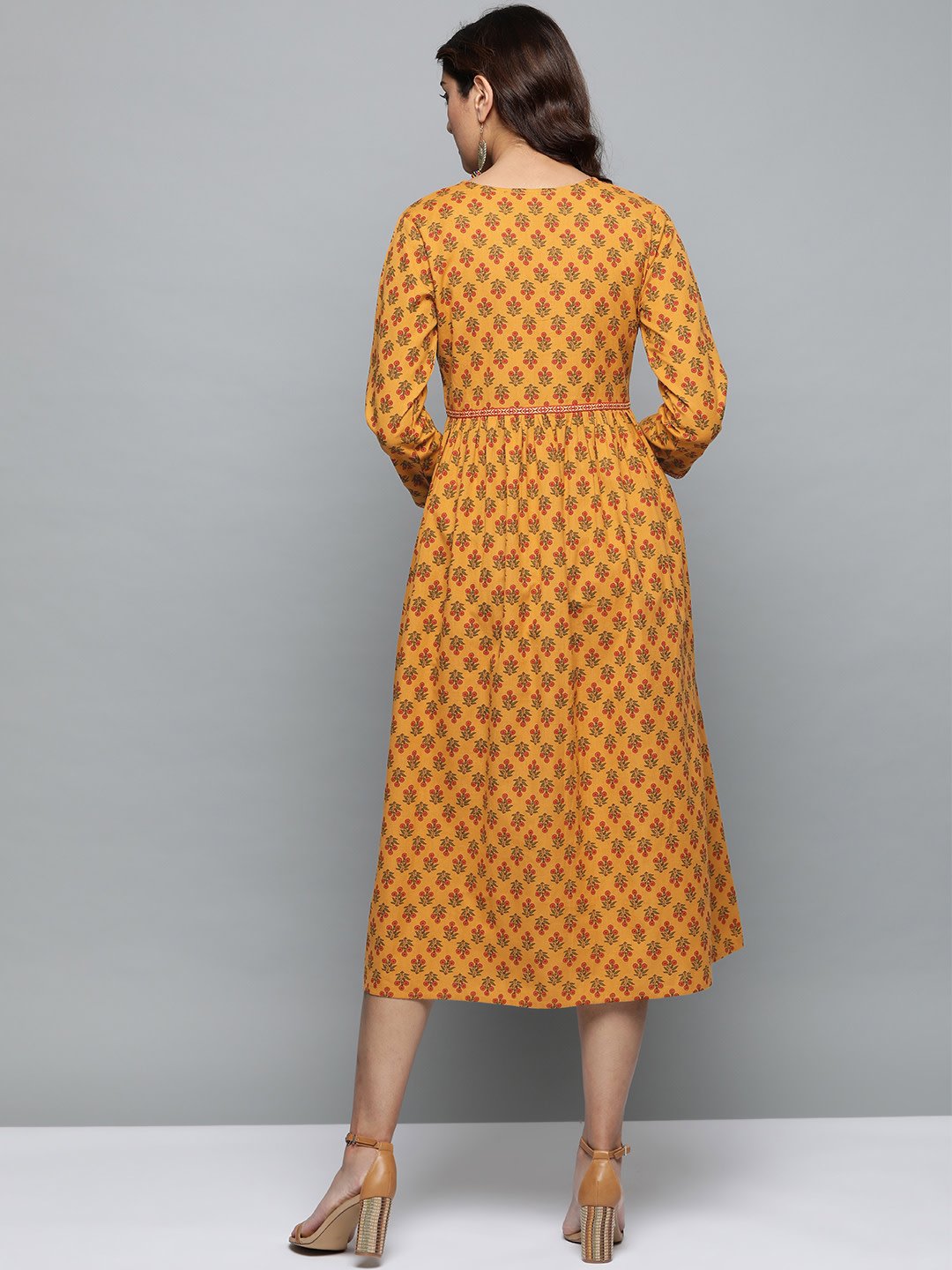 Women Mustard Yellow Floral Printed V-Neck A-Line Dress | NOZ2TOZ - Made In INDIA.