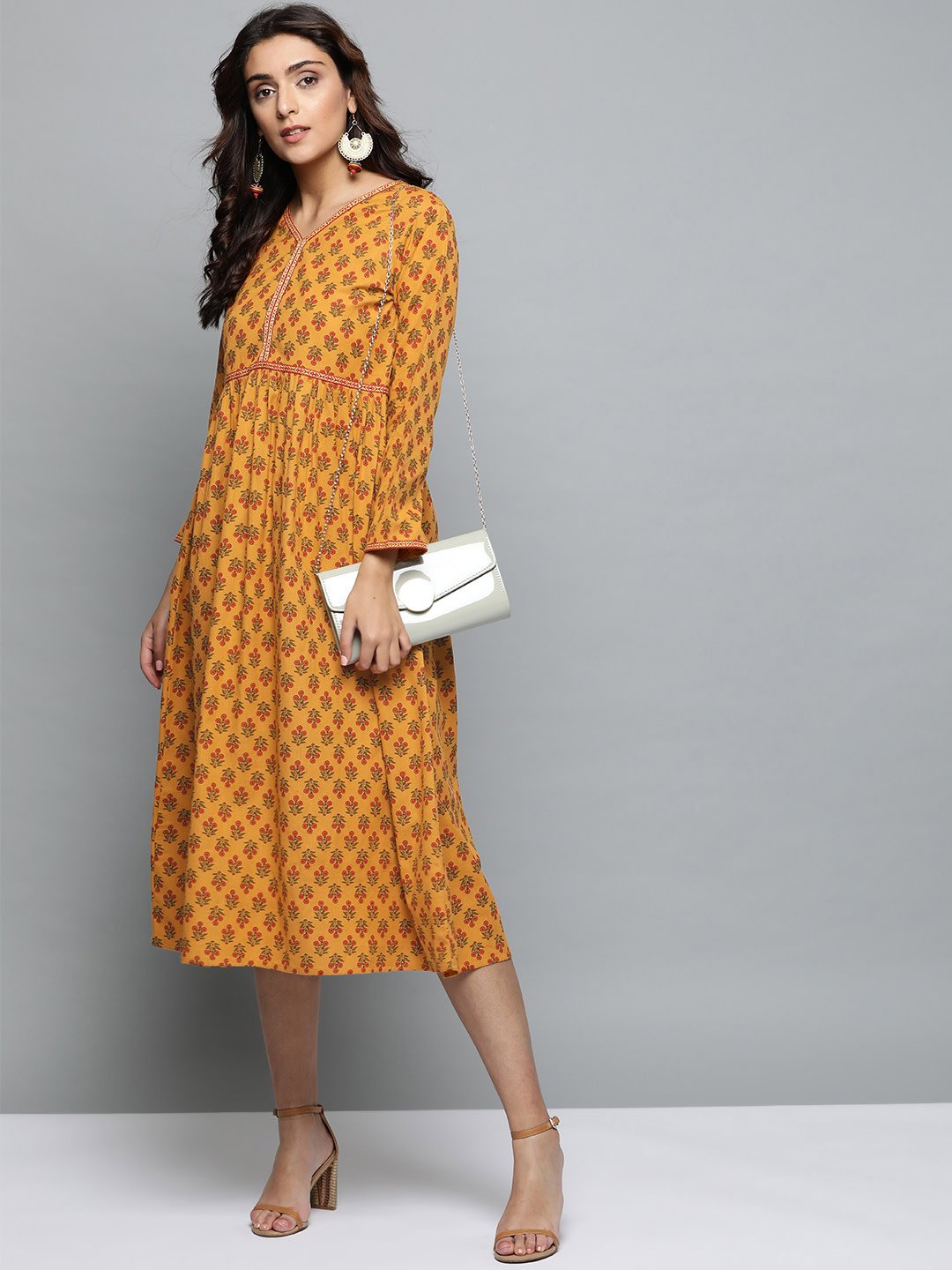 Women Mustard Yellow Floral Printed V-Neck A-Line Dress | NOZ2TOZ - Made In INDIA.