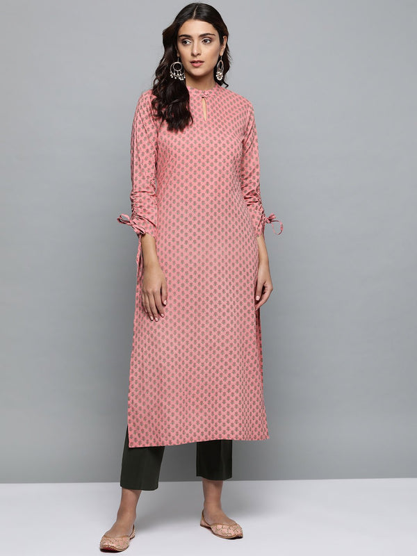 Women Peach Calf Length Regular Side Slits Cotton Kurta | NOZ2TOZ - Made In INDIA.