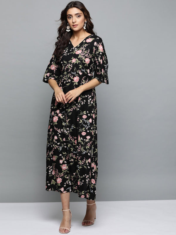 Women Black Floral Printed V-Neck A-Line Dress | NOZ2TOZ - Made In INDIA.