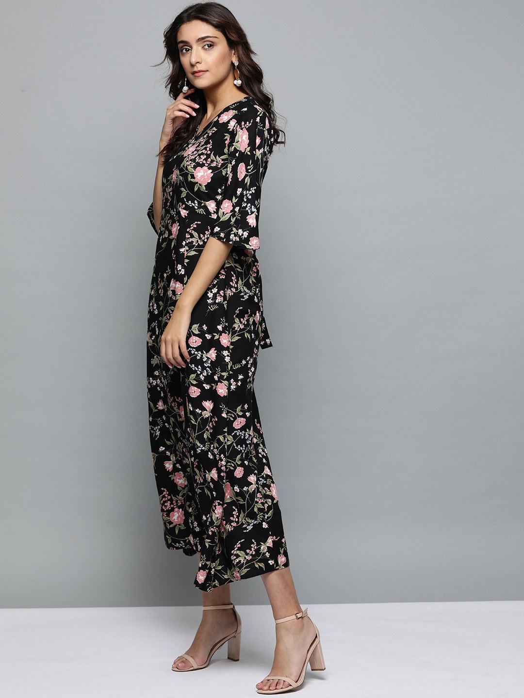 Women Black Floral Printed V-Neck A-Line Dress | NOZ2TOZ - Made In INDIA.