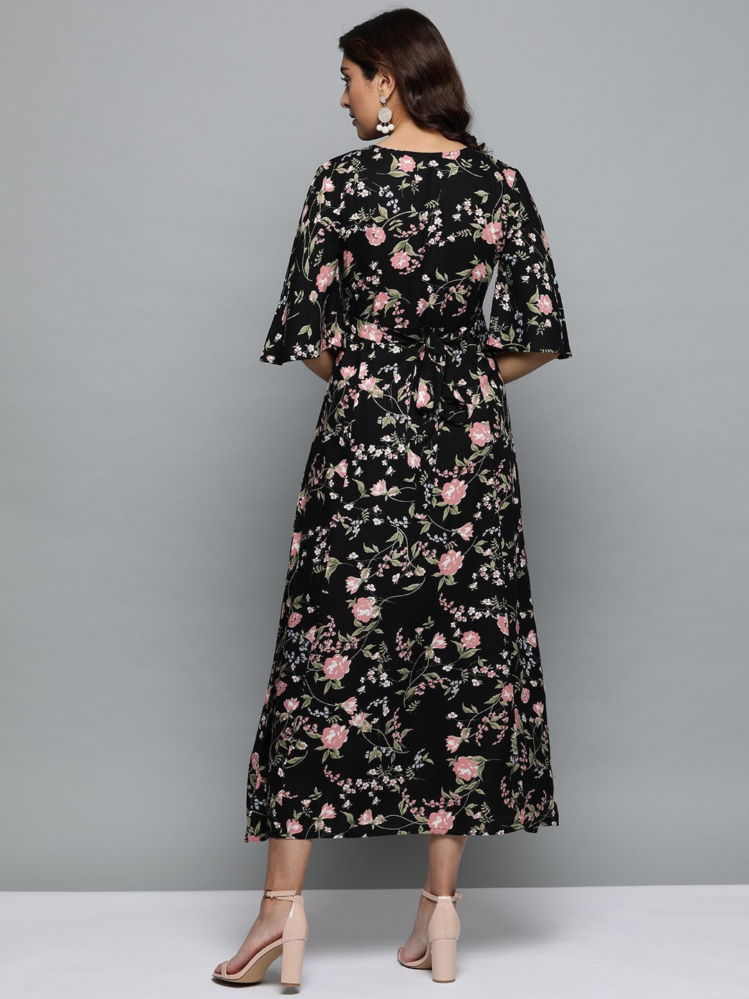 Women Black Floral Printed V-Neck A-Line Dress | NOZ2TOZ - Made In INDIA.