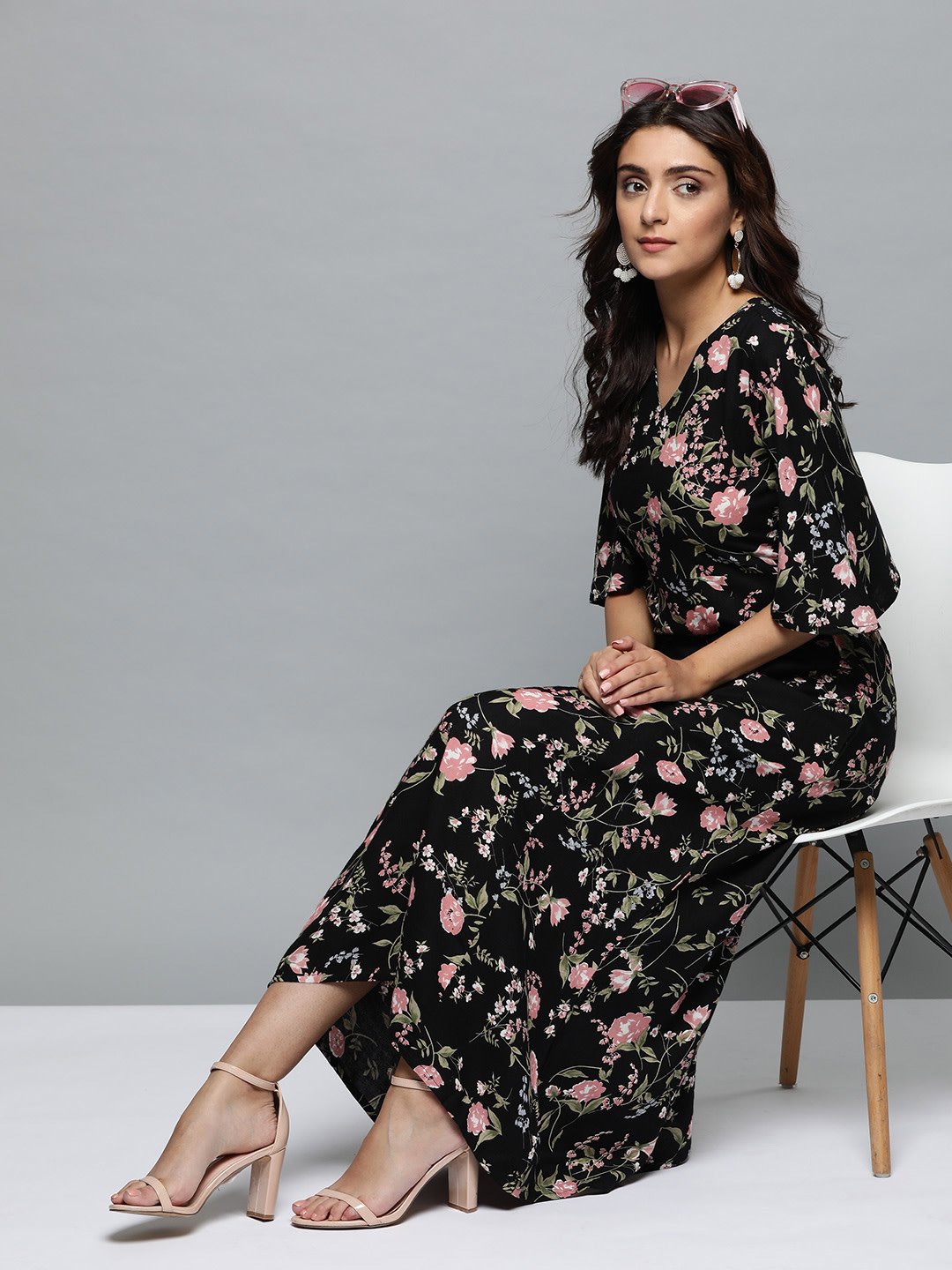 Women Black Floral Printed V-Neck A-Line Dress | NOZ2TOZ - Made In INDIA.