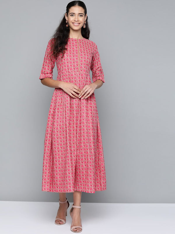 Women Pink Floral Printed Round Neck A-Line Dress | NOZ2TOZ - Made In INDIA.