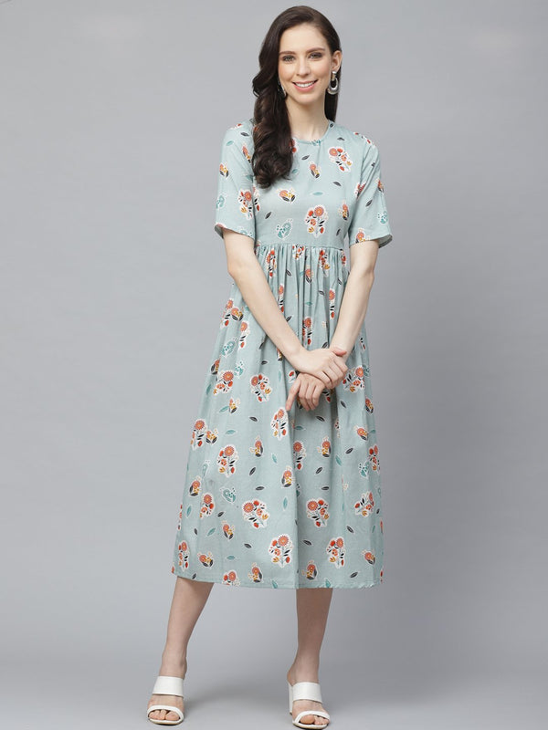 Women Turquoise Blue Floral Printed Round Neck Cotton A-Line Dress | NOZ2TOZ - Made In INDIA.