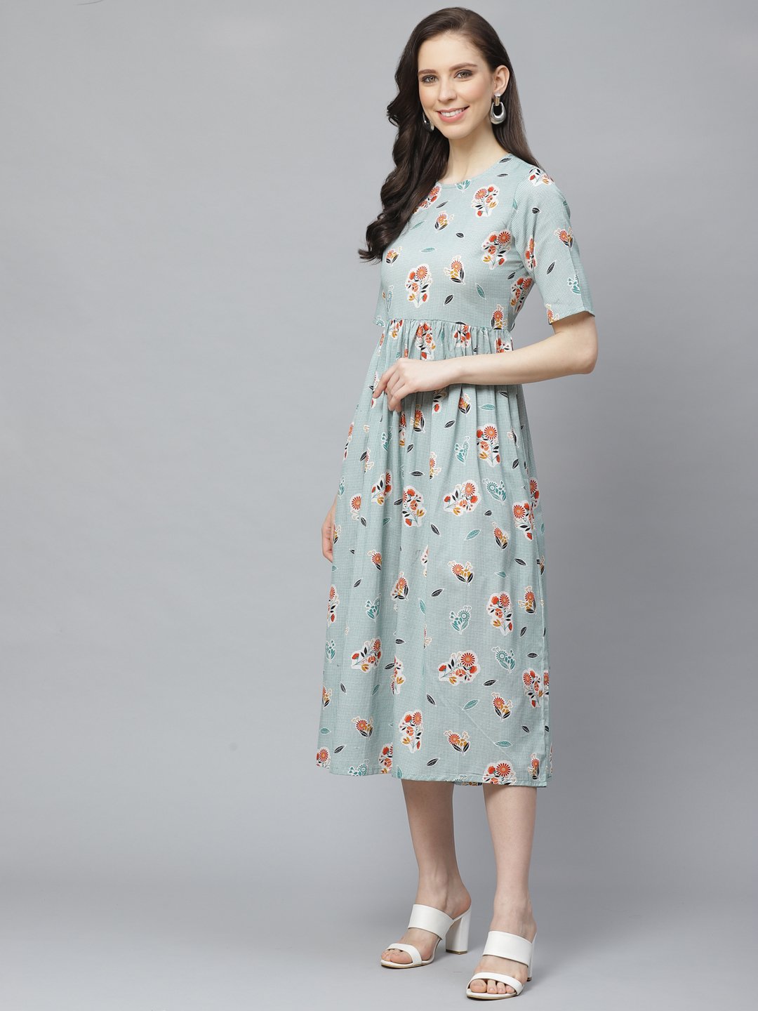 Women Turquoise Blue Floral Printed Round Neck Cotton A-Line Dress | NOZ2TOZ - Made In INDIA.