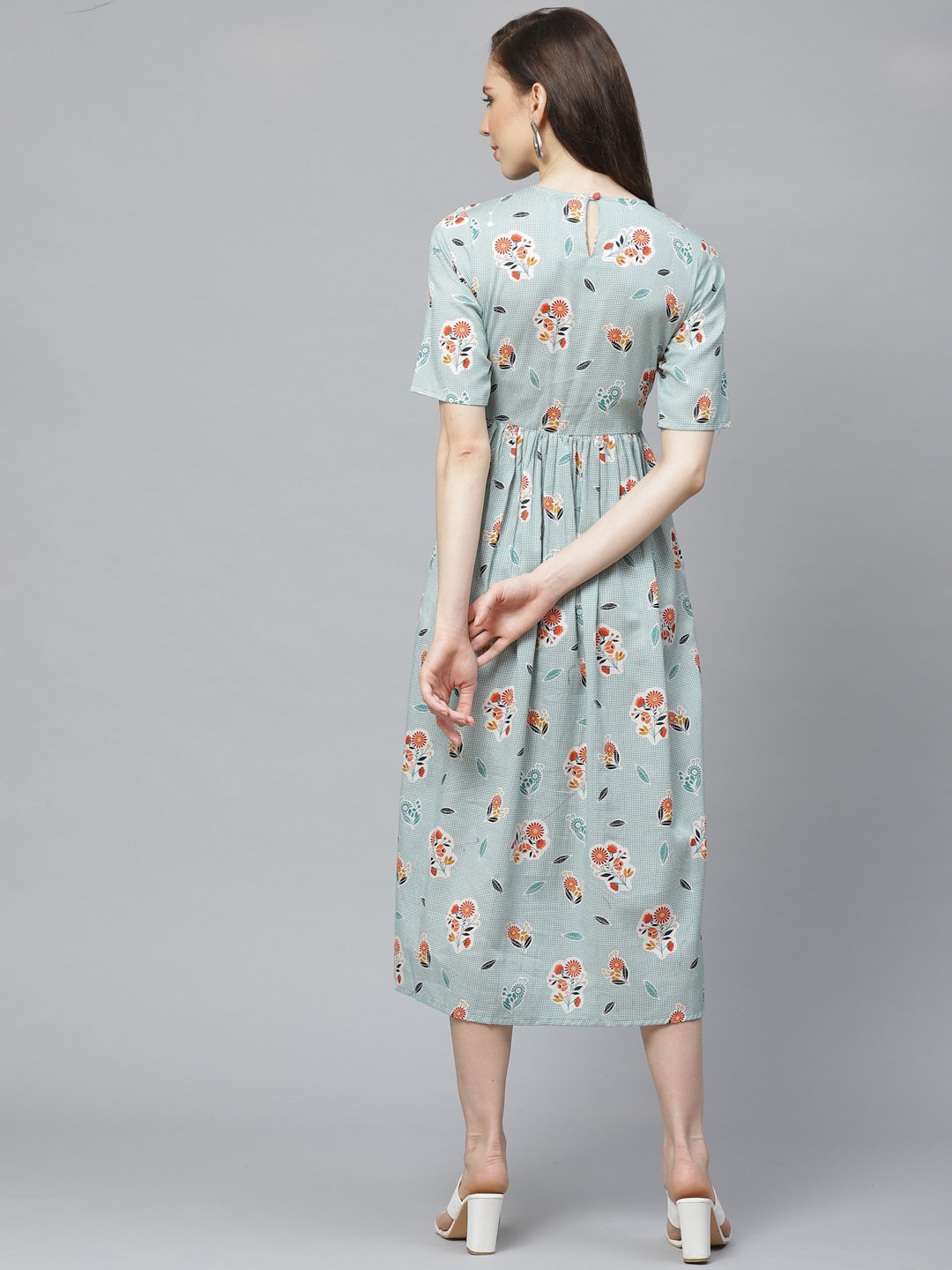 Women Turquoise Blue Floral Printed Round Neck Cotton A-Line Dress | NOZ2TOZ - Made In INDIA.