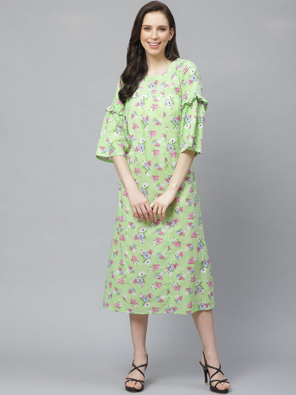 Women Green Floral Printed Round Neck Cotton A-Line Dress | NOZ2TOZ - Made In INDIA.