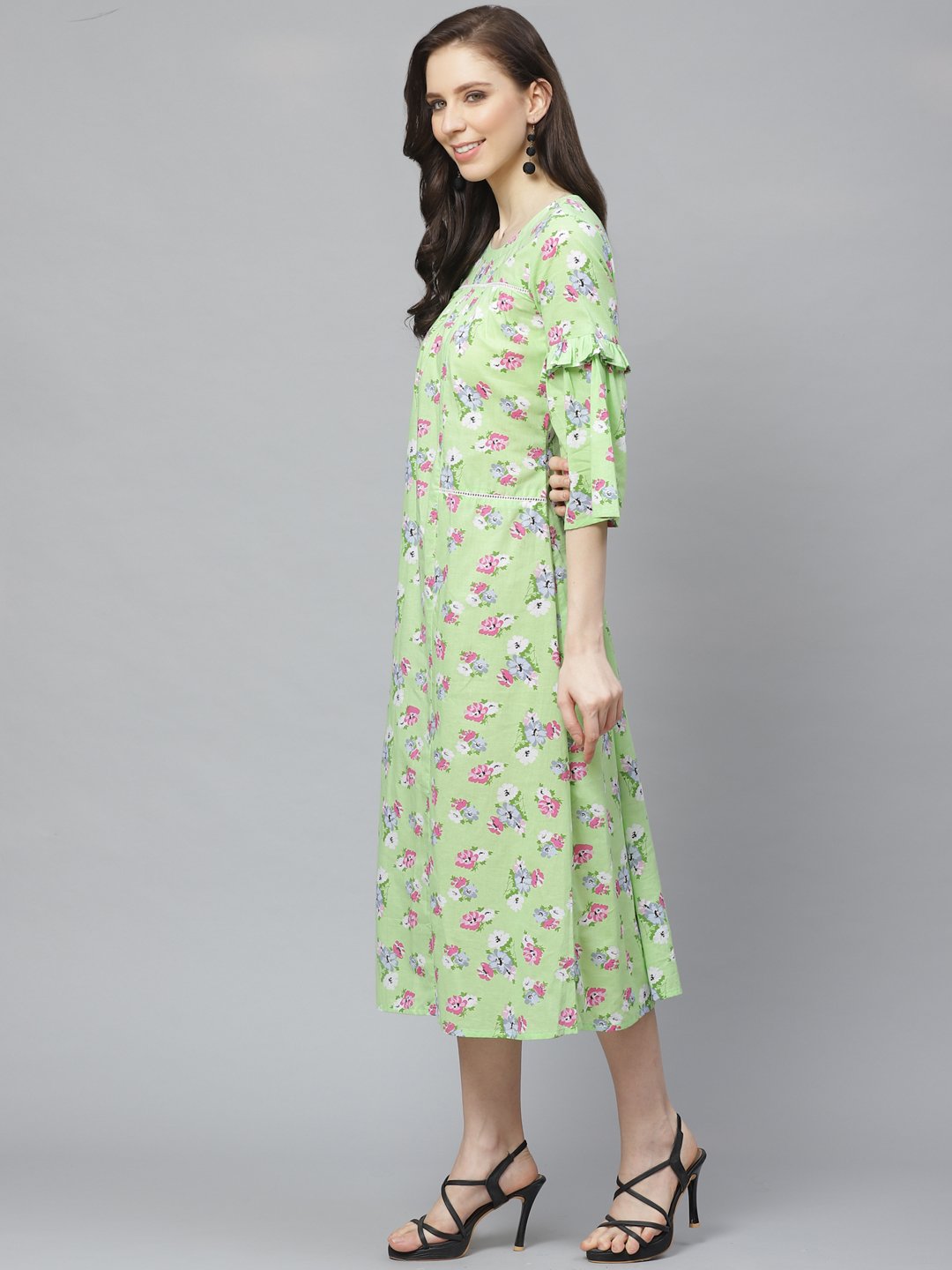 Women Green Floral Printed Round Neck Cotton A-Line Dress | NOZ2TOZ - Made In INDIA.