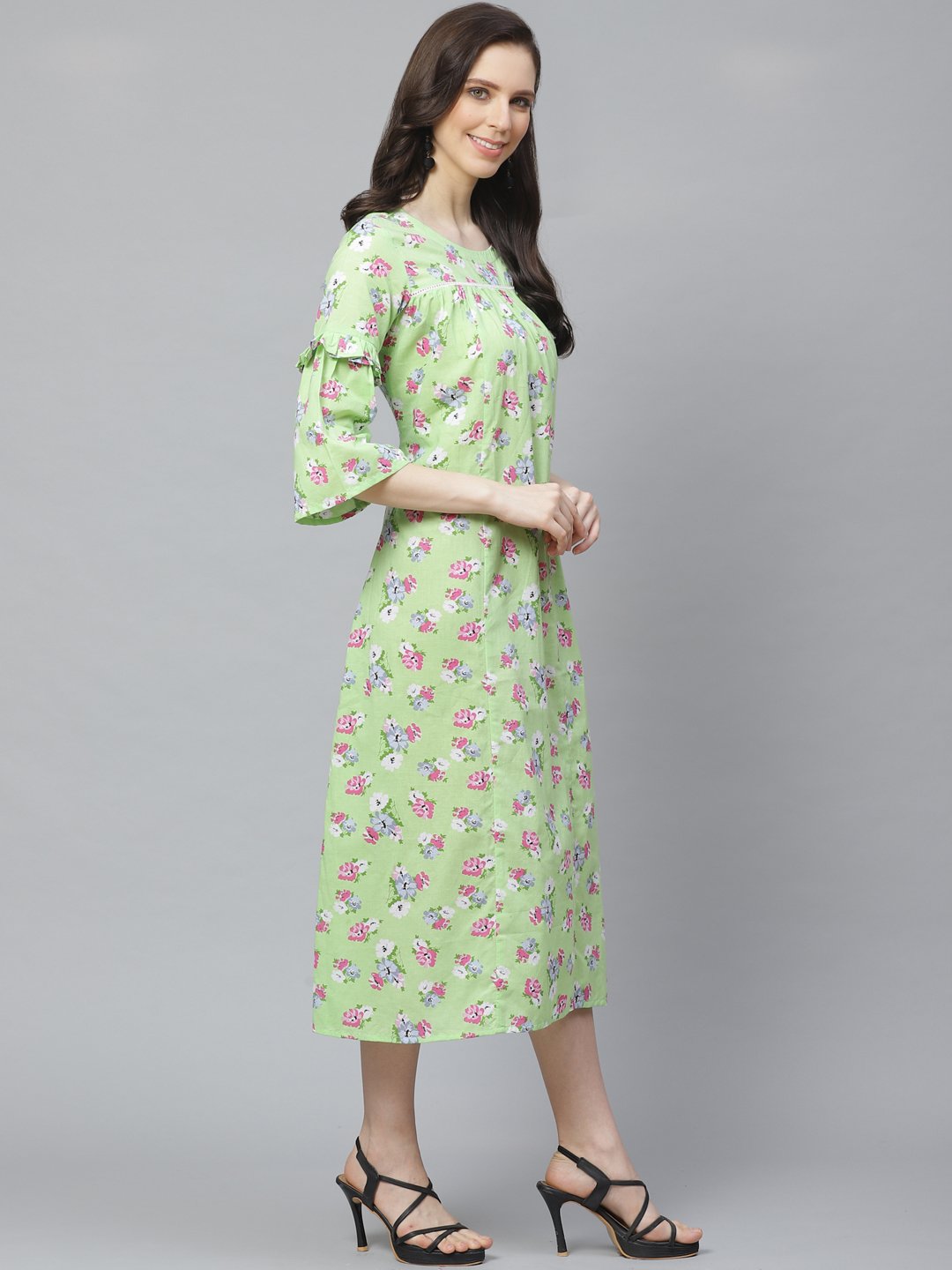 Women Green Floral Printed Round Neck Cotton A-Line Dress | NOZ2TOZ - Made In INDIA.