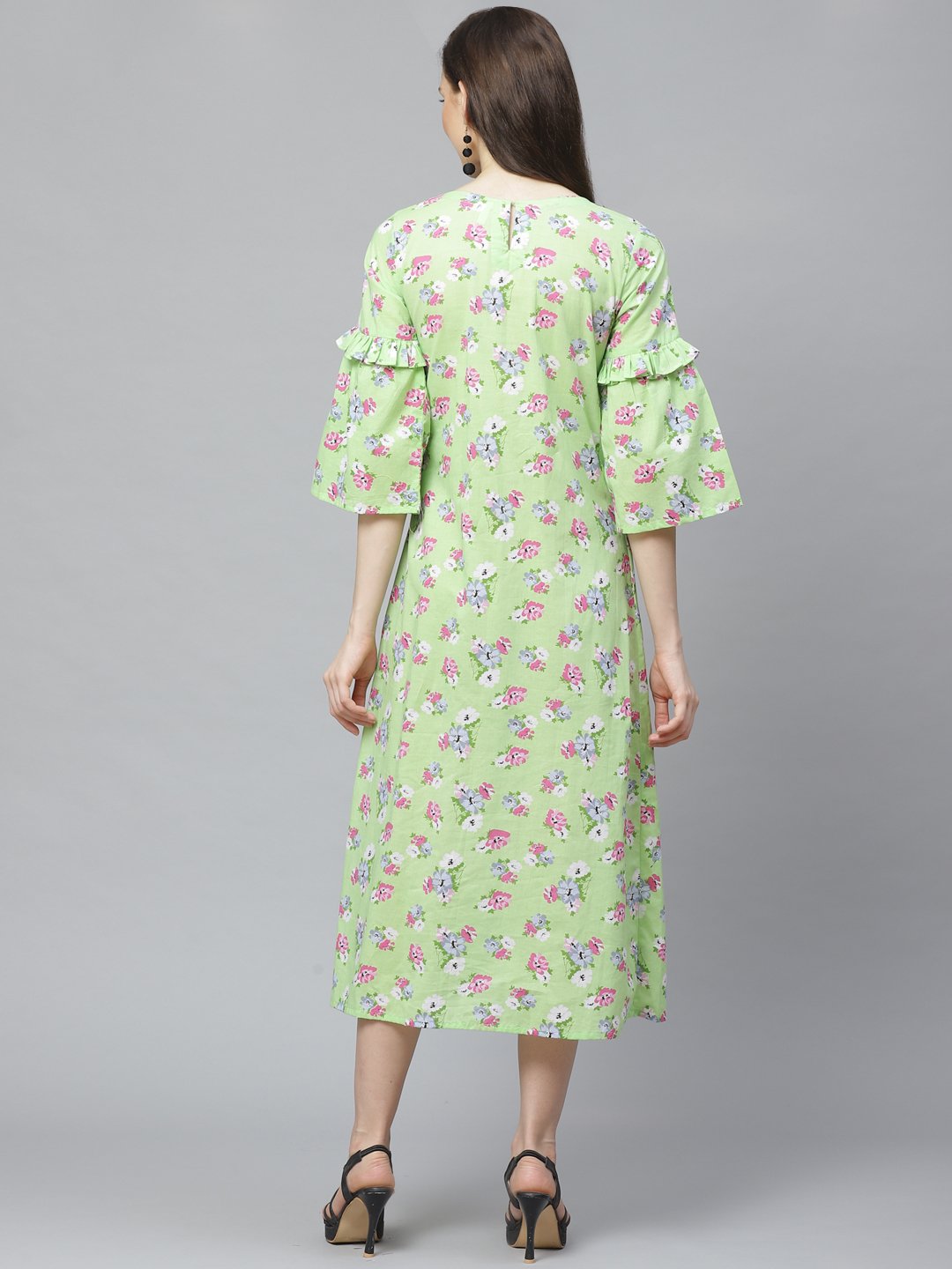 Women Green Floral Printed Round Neck Cotton A-Line Dress | NOZ2TOZ - Made In INDIA.