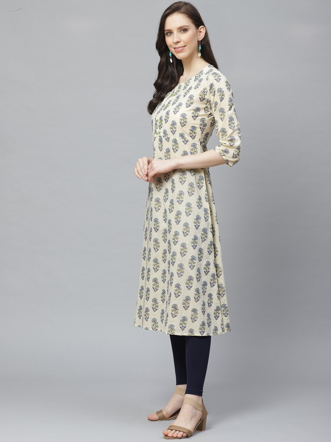 Women Beige Calf Length Three-Quarter Sleeves A-Line Floral Printed Cotton Kurta | NOZ2TOZ - Made In INDIA.