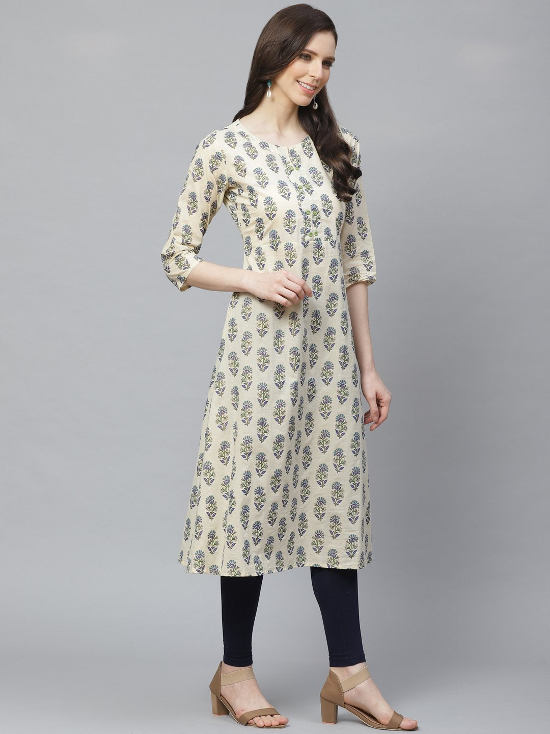 Women Beige Calf Length Three-Quarter Sleeves A-Line Floral Printed Cotton Kurta | NOZ2TOZ - Made In INDIA.