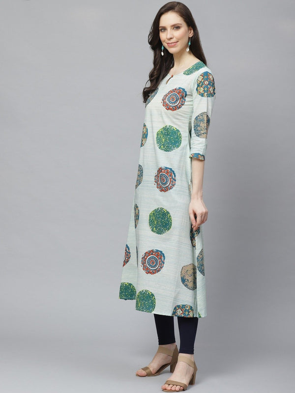 Women Pastel Green Calf Length Three-Quarter Sleeves A-Line Quirky Printed Cotton Kurta | NOZ2TOZ - Made In INDIA.