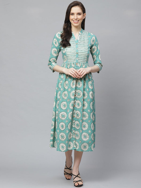 Women Green Conversational Printed Mandarin Collar Cotton A-Line Dress | NOZ2TOZ - Made In INDIA.