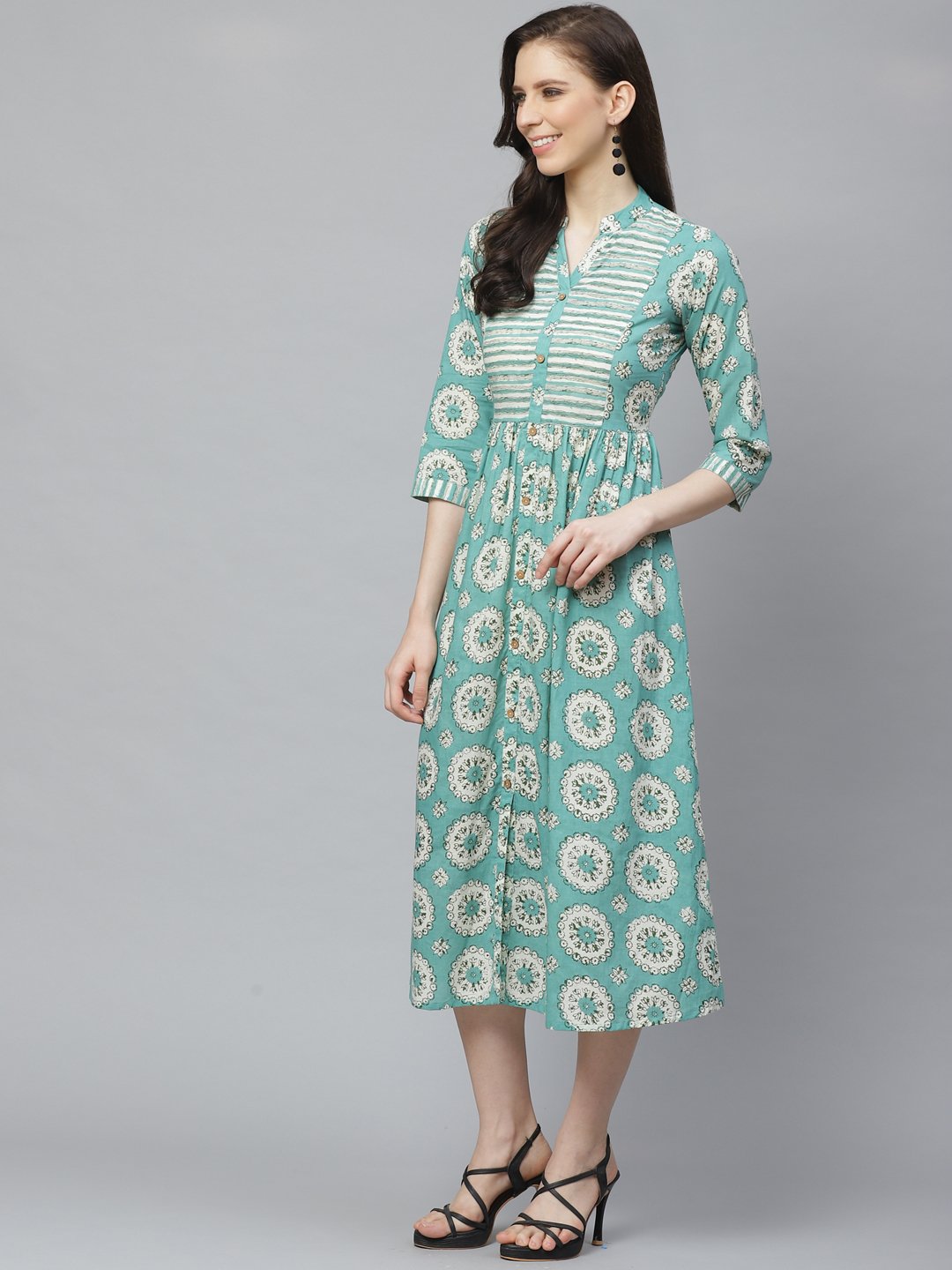 Women Green Conversational Printed Mandarin Collar Cotton A-Line Dress | NOZ2TOZ - Made In INDIA.