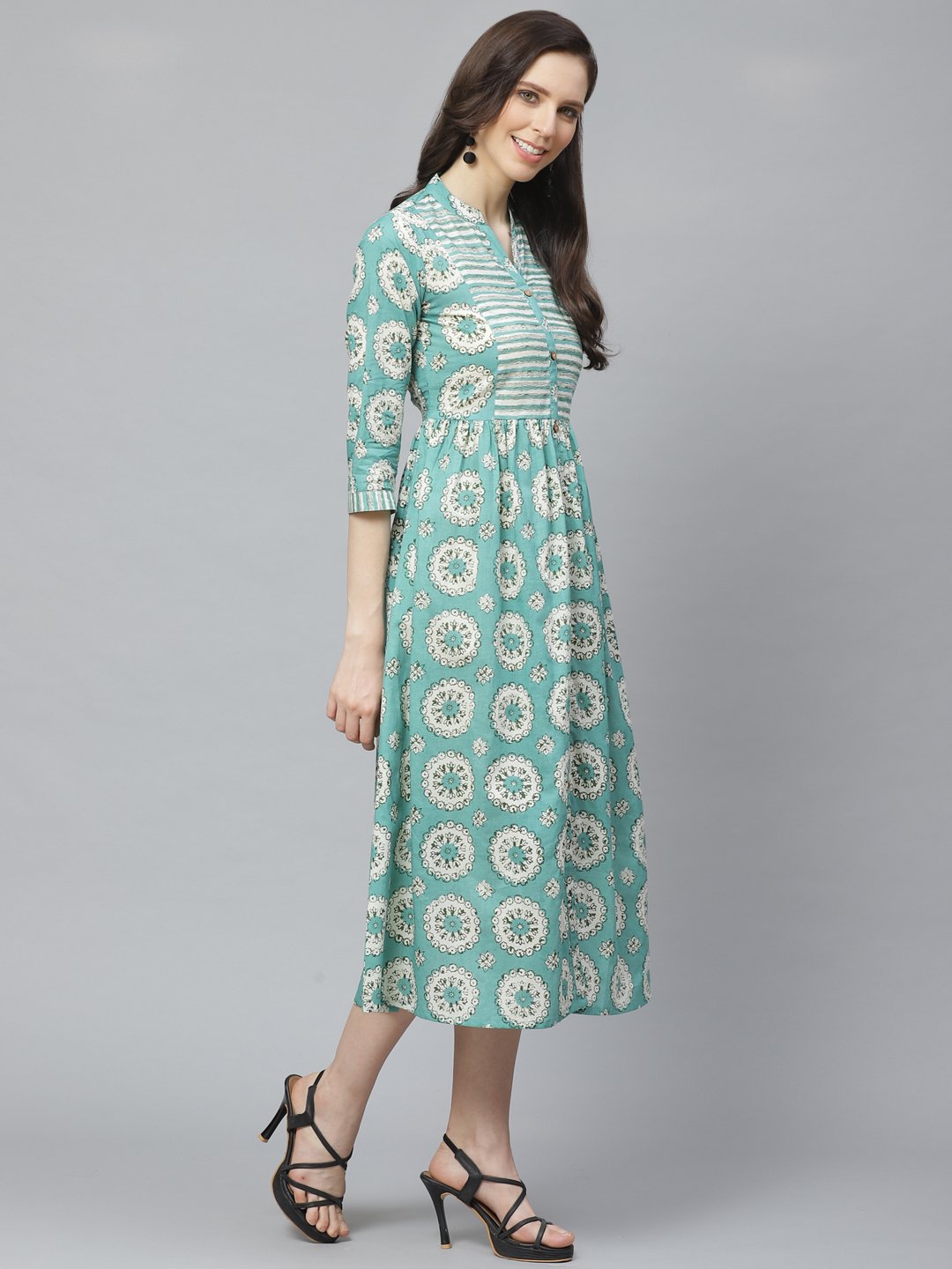 Women Green Conversational Printed Mandarin Collar Cotton A-Line Dress | NOZ2TOZ - Made In INDIA.