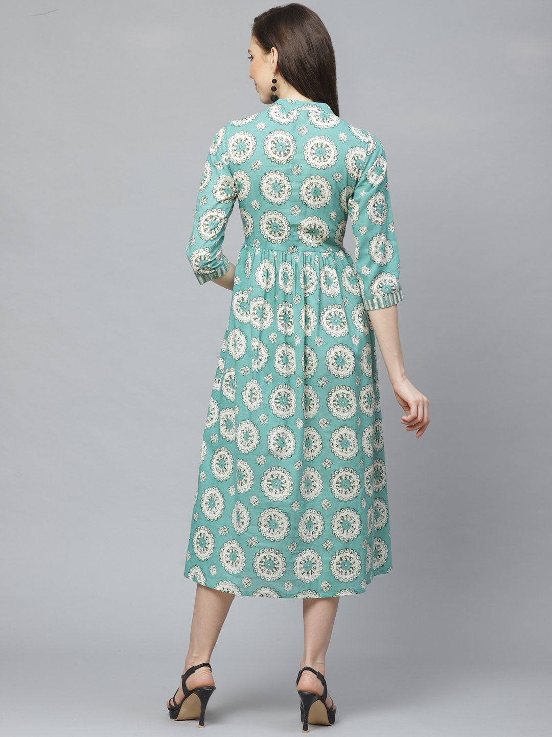 Women Green Conversational Printed Mandarin Collar Cotton A-Line Dress | NOZ2TOZ - Made In INDIA.