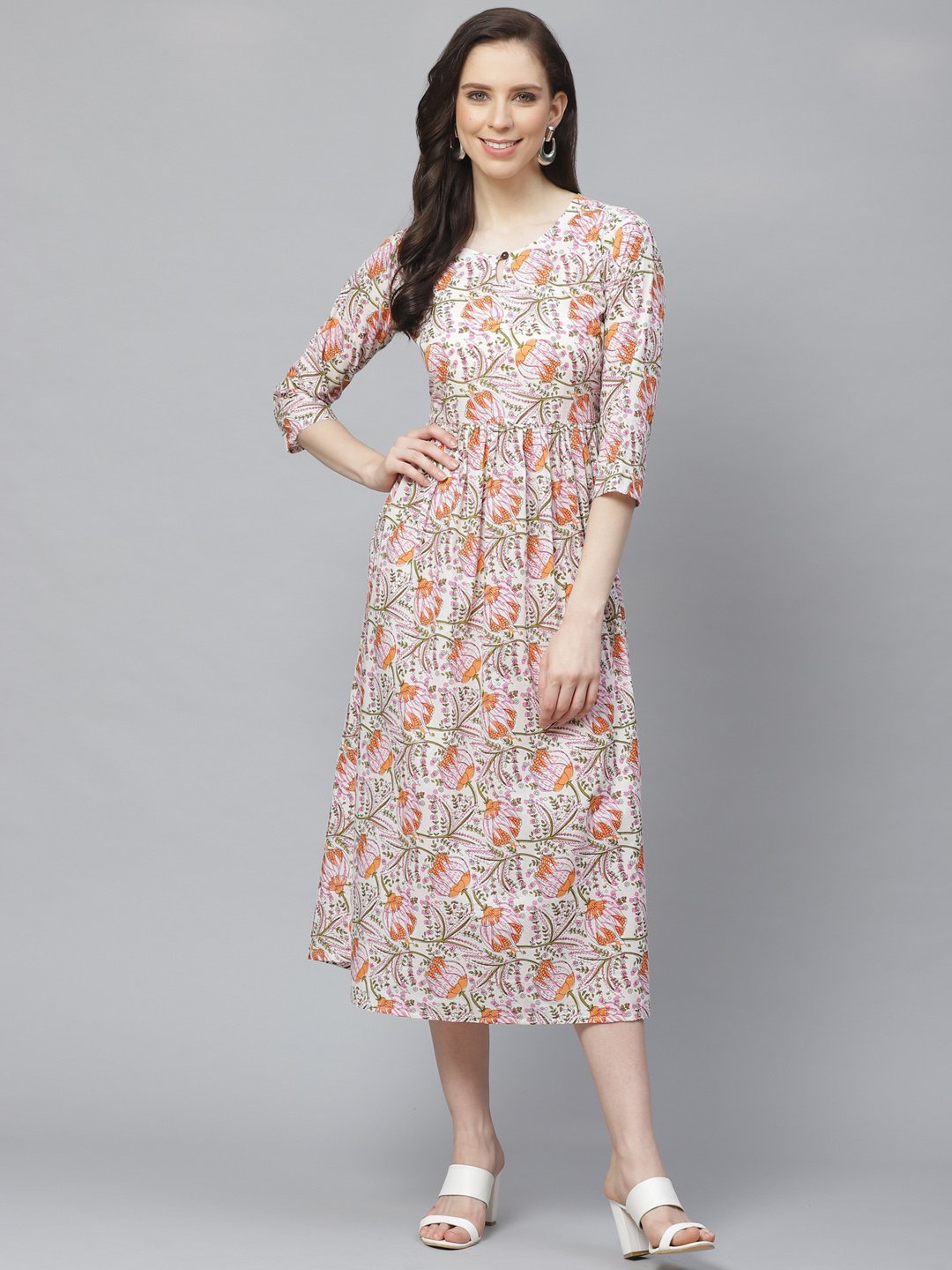 Women White Floral Printed Keyhole Neck Cotton A-Line Dress | NOZ2TOZ - Made In INDIA.