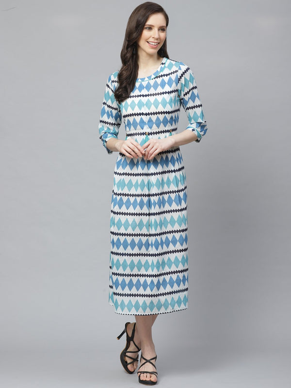 Women White  Geometric Printed Round Neck Cotton A-Line Dress | NOZ2TOZ - Made In INDIA.