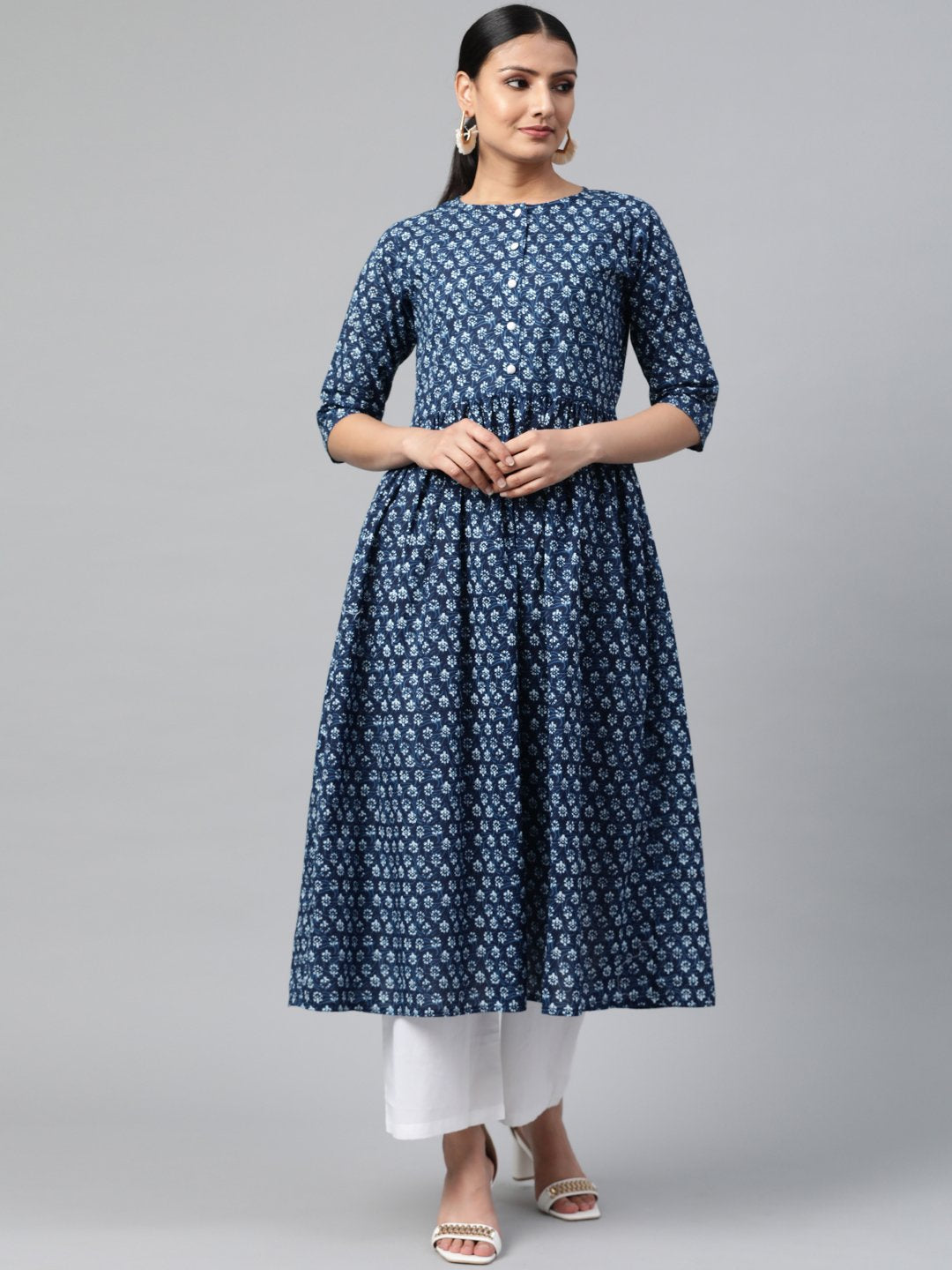 Women Indigo Blue Three-Quarter Sleeves Flared Kurta With Palazzo | NOZ2TOZ - Made In INDIA.