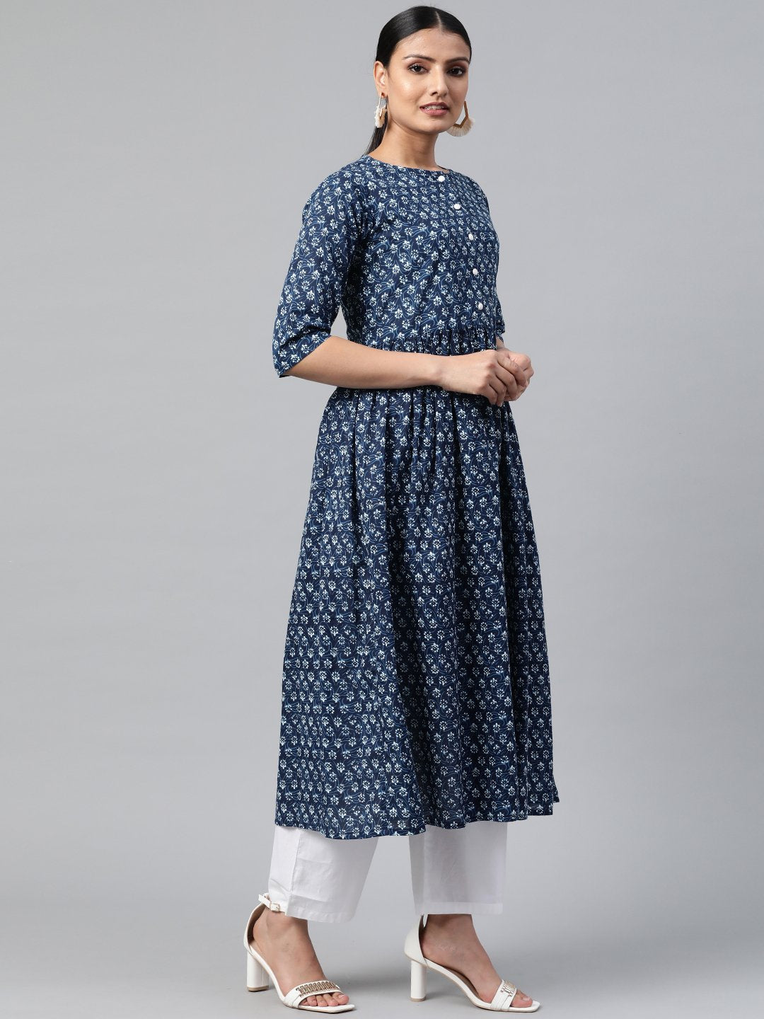 Women Indigo Blue Three-Quarter Sleeves Flared Kurta With Palazzo | NOZ2TOZ - Made In INDIA.