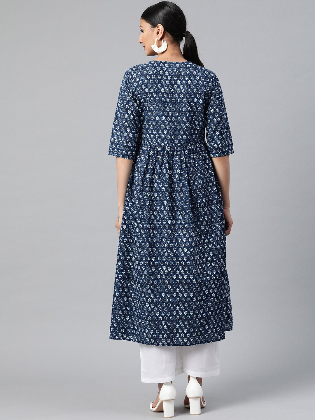 Women Indigo Blue Three-Quarter Sleeves Flared Kurta With Palazzo | NOZ2TOZ - Made In INDIA.