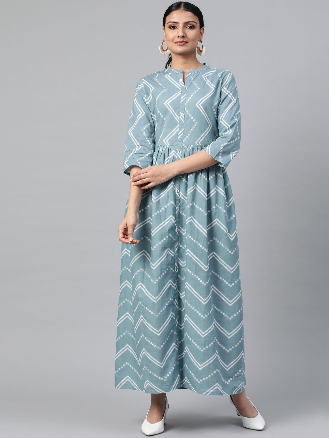 Women Blue Geometric Printed Mandarin Collar Cotton A-Line Dress | NOZ2TOZ - Made In INDIA.