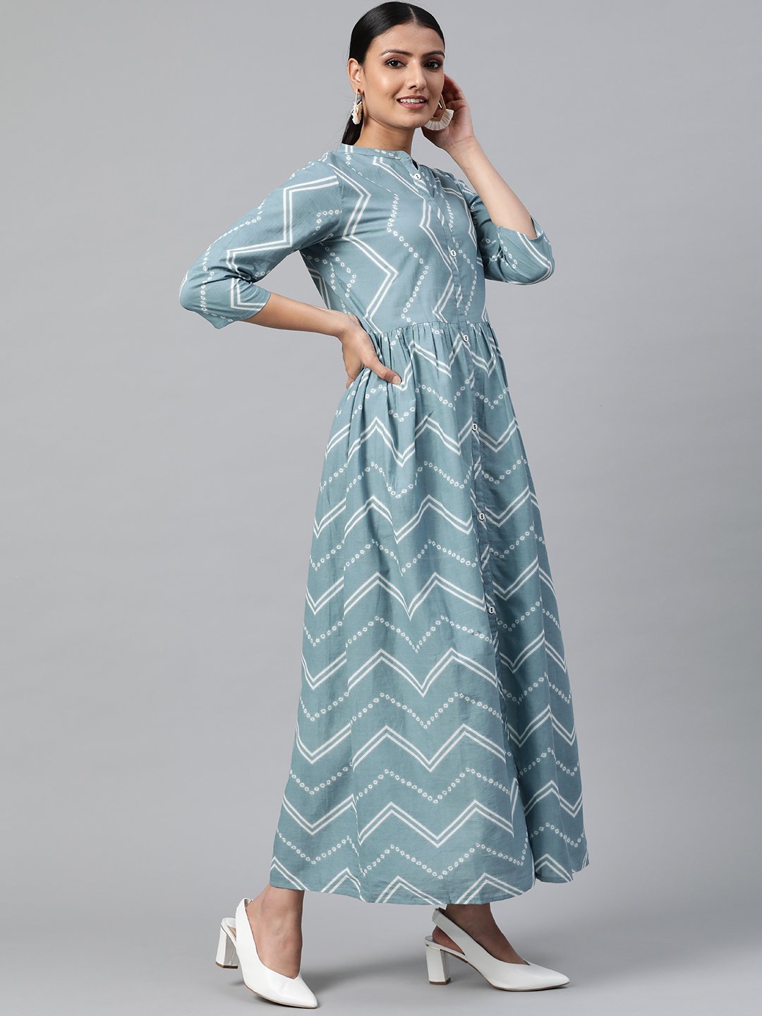 Women Blue Geometric Printed Mandarin Collar Cotton A-Line Dress | NOZ2TOZ - Made In INDIA.