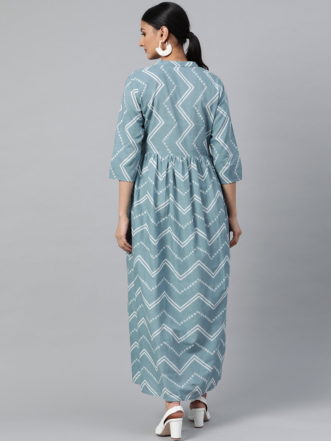 Women Blue Geometric Printed Mandarin Collar Cotton A-Line Dress | NOZ2TOZ - Made In INDIA.