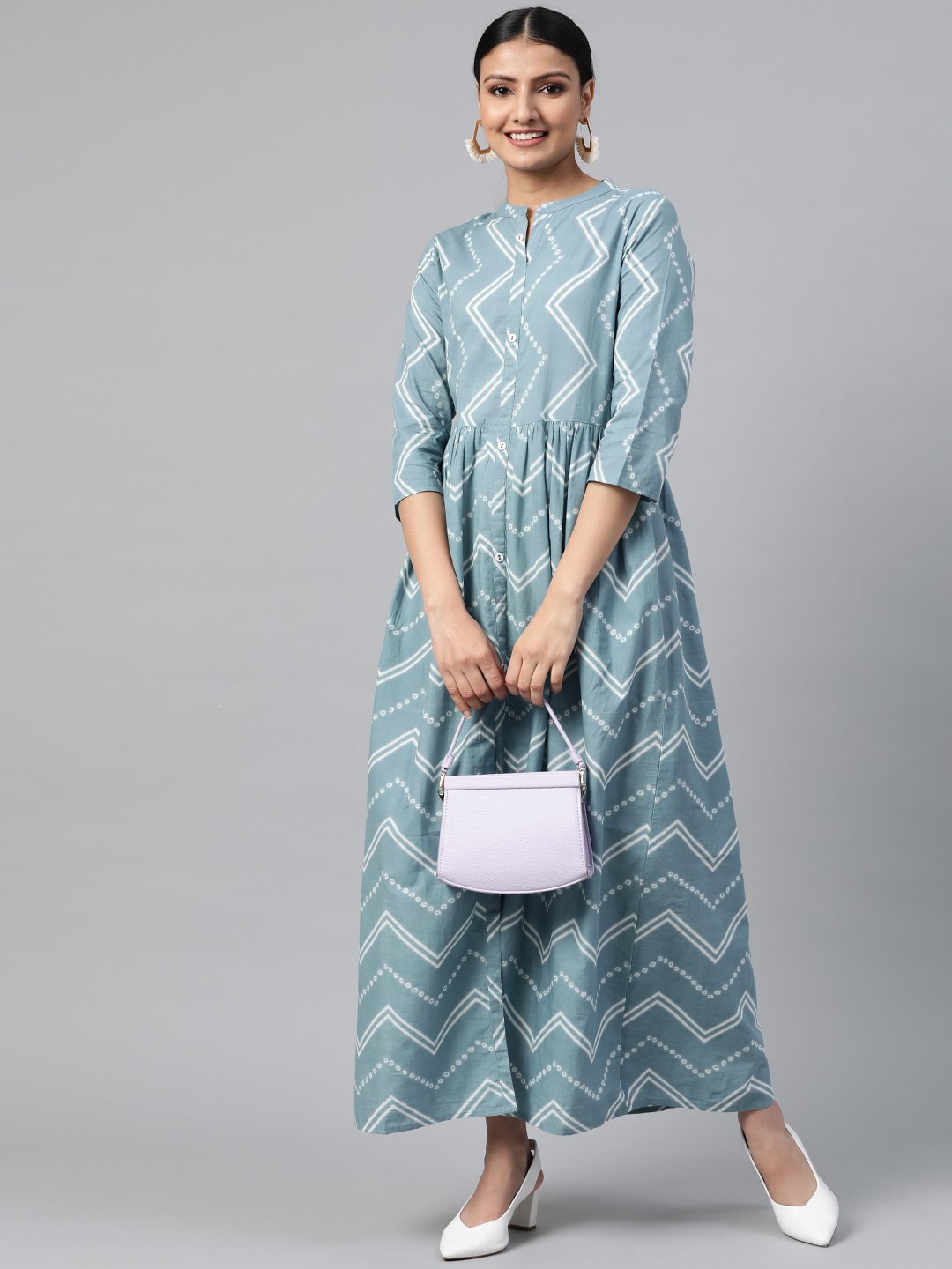 Women Blue Geometric Printed Mandarin Collar Cotton A-Line Dress | NOZ2TOZ - Made In INDIA.