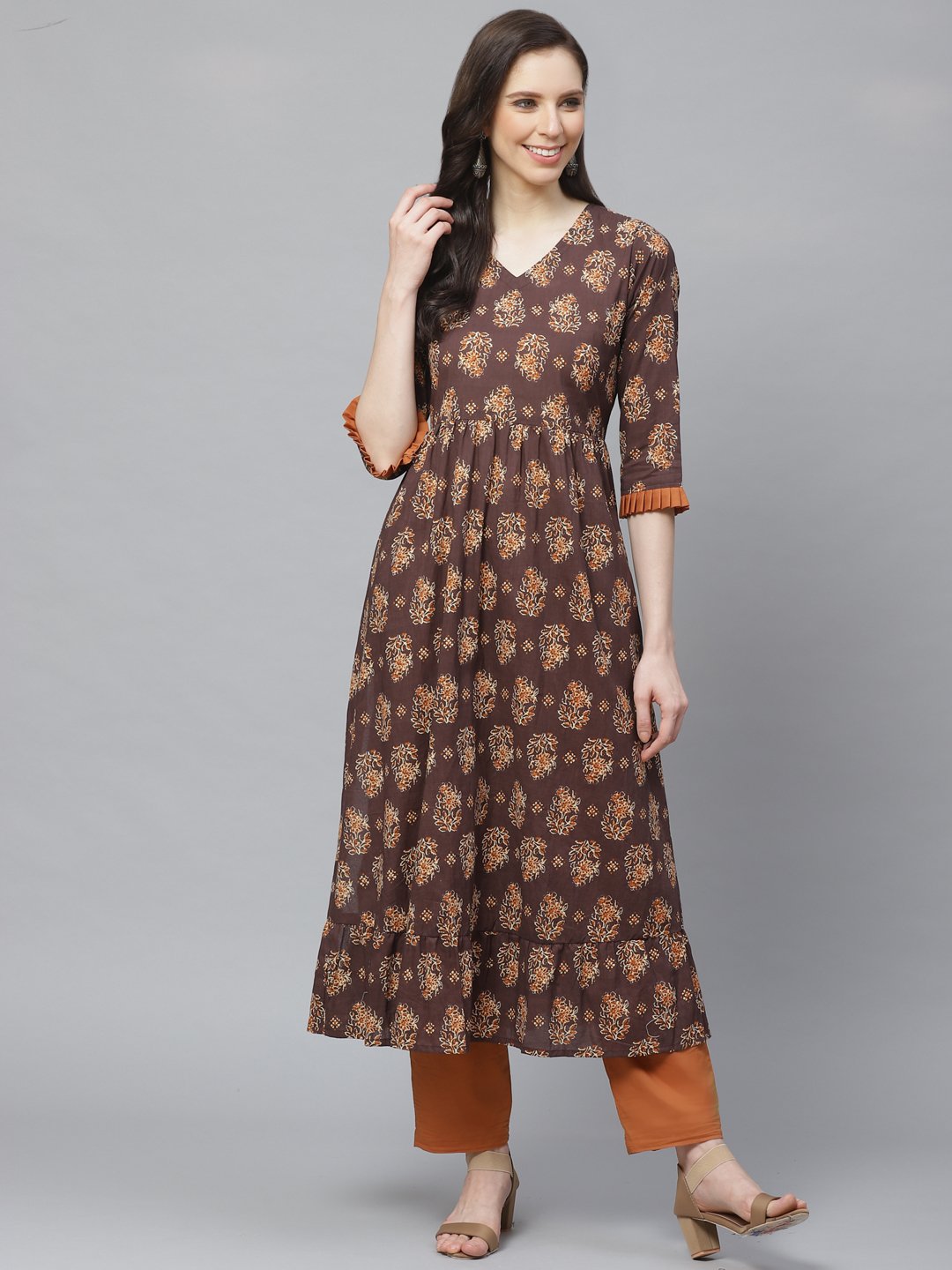 Women Brown Three-Quarter Sleeves Flared Kurta with Trouser | NOZ2TOZ - Made In INDIA.