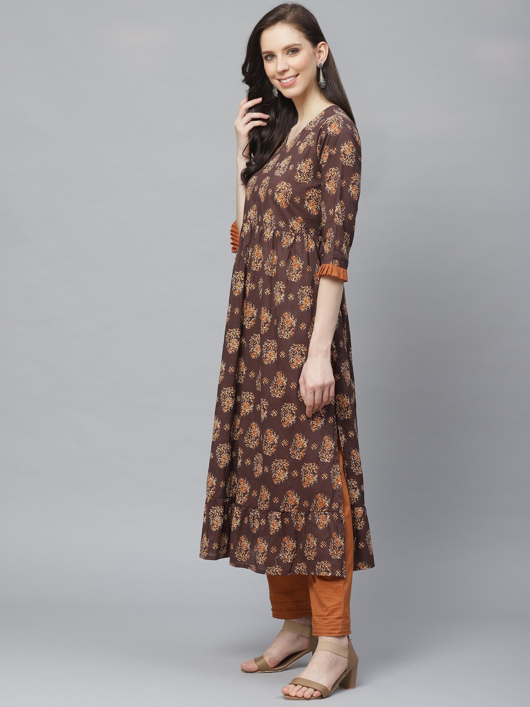 Women Brown Three-Quarter Sleeves Flared Kurta with Trouser | NOZ2TOZ - Made In INDIA.