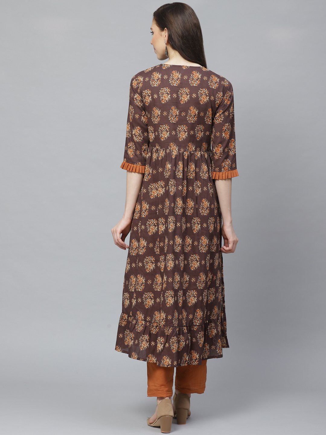 Women Brown Three-Quarter Sleeves Flared Kurta with Trouser | NOZ2TOZ - Made In INDIA.