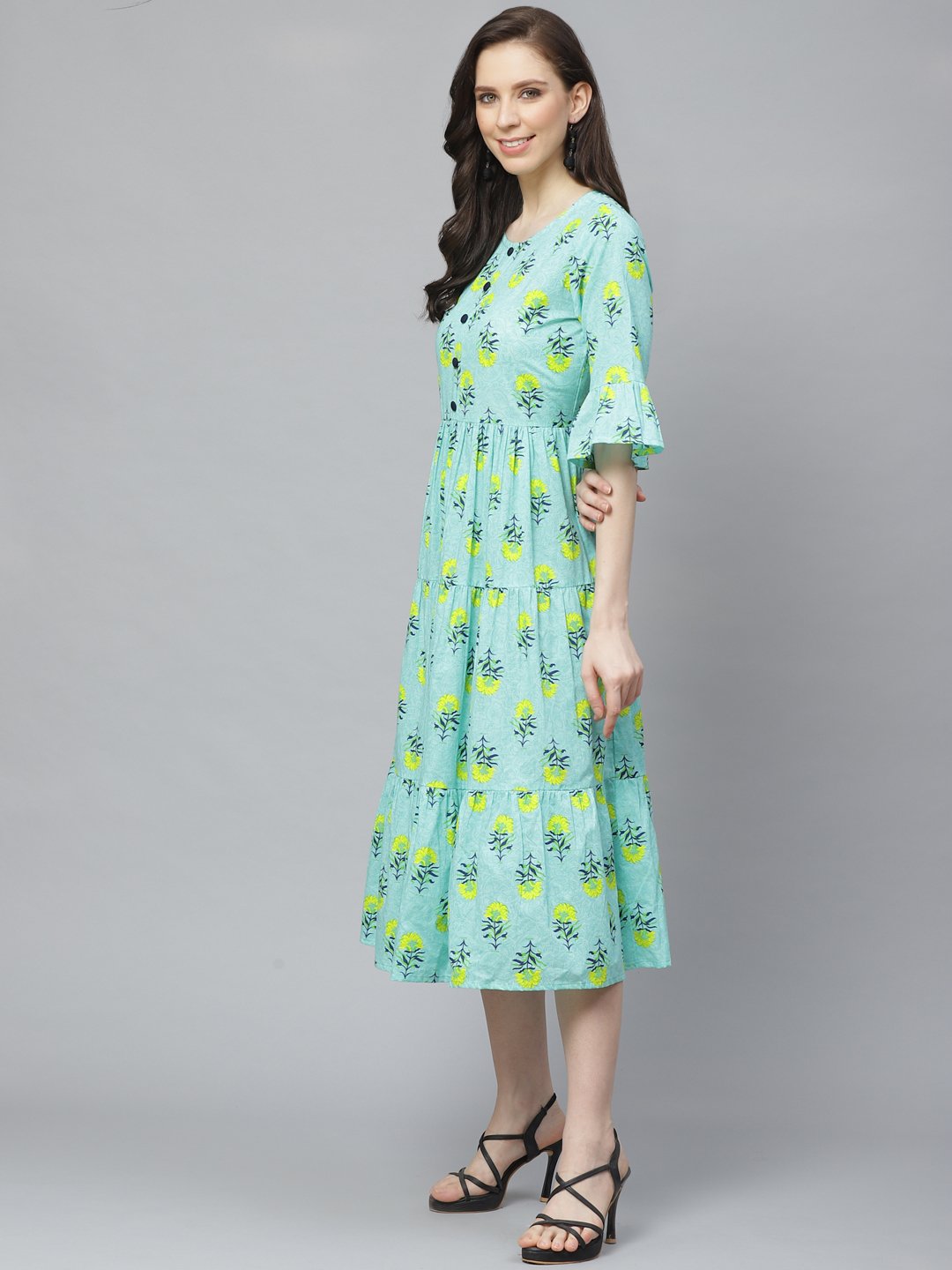 Women Blue Floral Printed Round Neck Cotton Fit and Flare Dress | NOZ2TOZ - Made In INDIA.