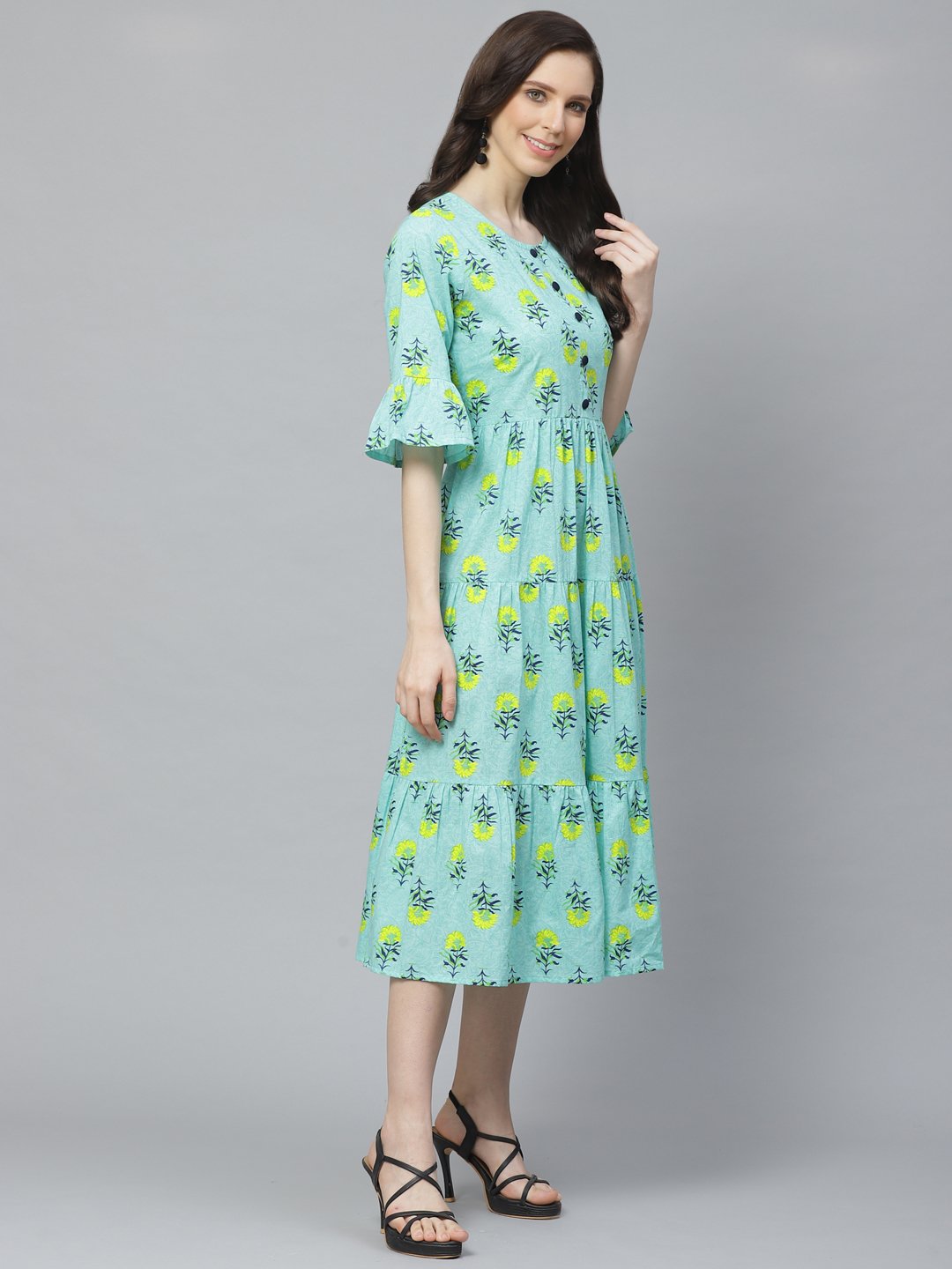 Women Blue Floral Printed Round Neck Cotton Fit and Flare Dress | NOZ2TOZ - Made In INDIA.