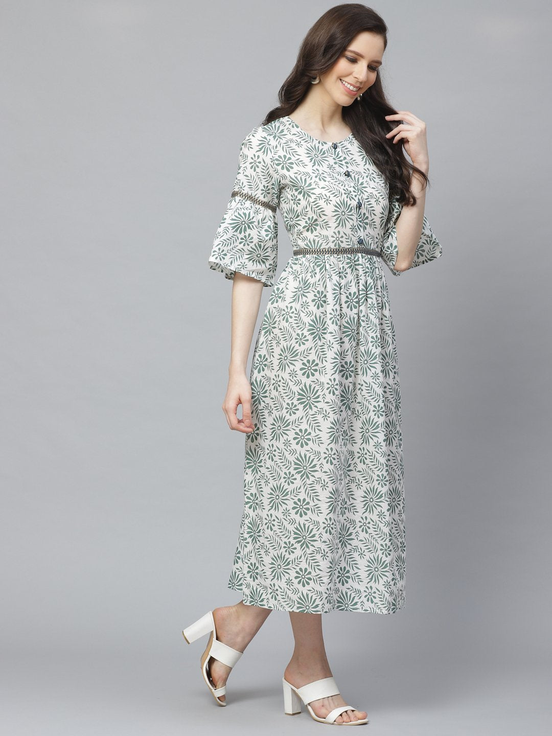 Women White Floral Printed Round Neck Cotton A-Line Dress | NOZ2TOZ - Made In INDIA.