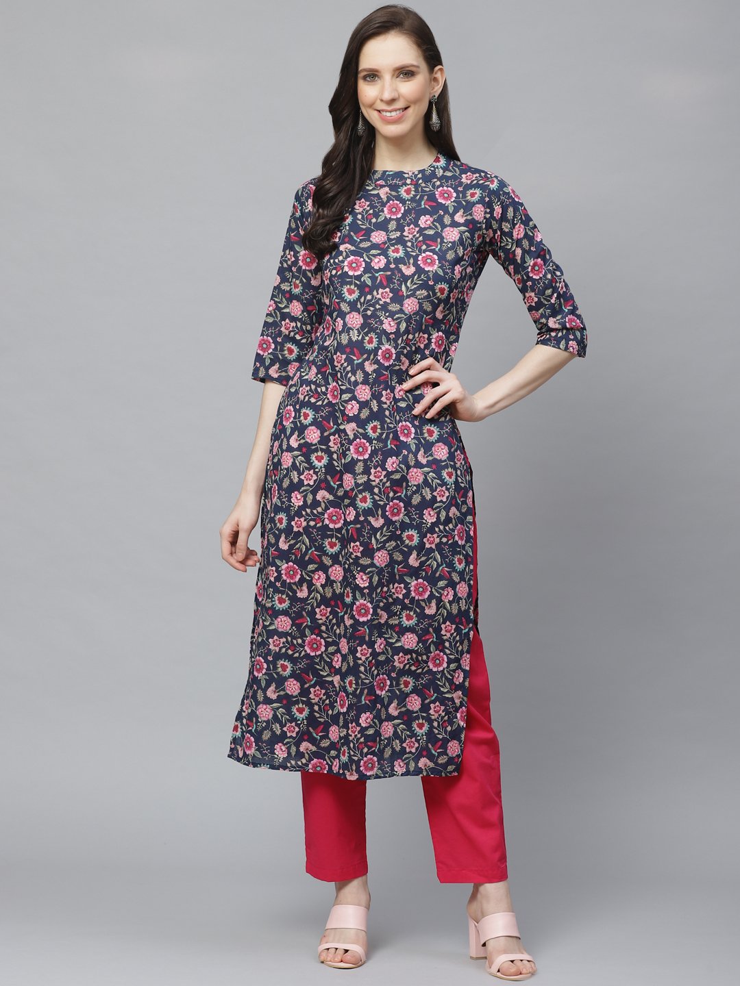 Women Navy Blue Three-Quarter Sleeves Flared Kurta with Trouser | NOZ2TOZ - Made In INDIA.