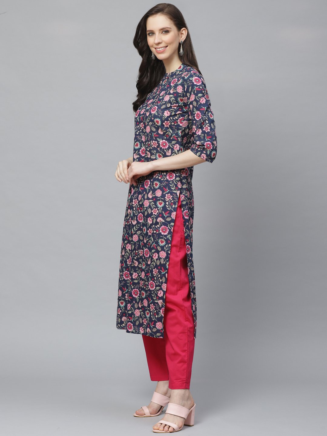 Women Navy Blue Three-Quarter Sleeves Flared Kurta with Trouser | NOZ2TOZ - Made In INDIA.