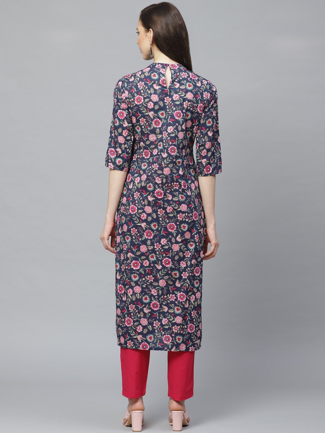 Women Navy Blue Three-Quarter Sleeves Flared Kurta with Trouser | NOZ2TOZ - Made In INDIA.