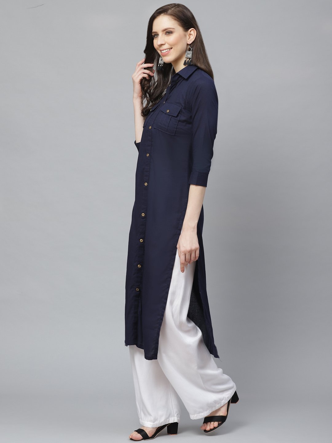 Women Navy Blue Calf Length Three-Quarter Sleeves Pathani Solid Solid Cotton Kurta | NOZ2TOZ - Made In INDIA.